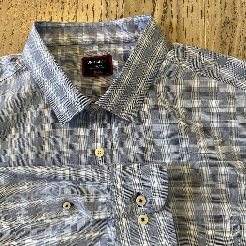 UNTUCKit Men's XLarge Plaid Wrinkle Free Button Front Shirt Blue & White‎ Stripe